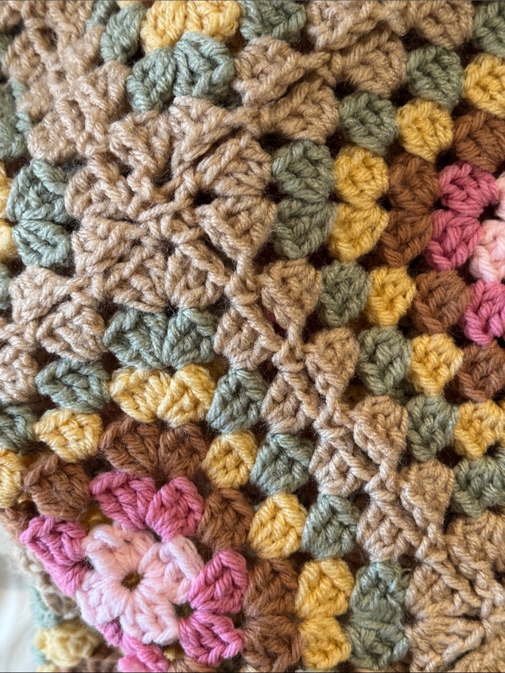 Handmade Blanket-Crocheted Granny Square-Pink/Brown/Green/Yellow-Gently Used - Picture 9 of 17